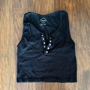 Black Ribbed Henley Tank with Snap Placket